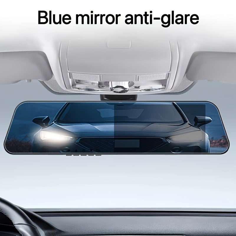 1080P HD Car Recorder with Dual Camera and Anti-Glare Blue Light Rearview Mirror - Easy Mount, USB/Battery Power, Night Vision for Urban Driving, Laptop and Car Compatible.