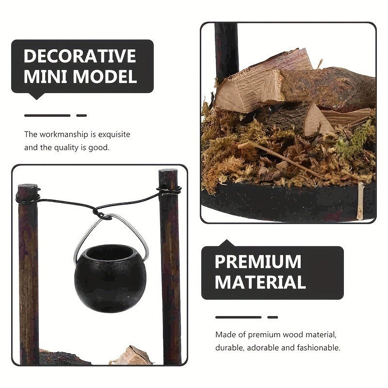 Compact Wood Burning Stove and Pot Set with Rustic Charm, Perfect for Mini Gardens and Model House Kitchens, Ideal for Indoor/Outdoor Display on Tabletops