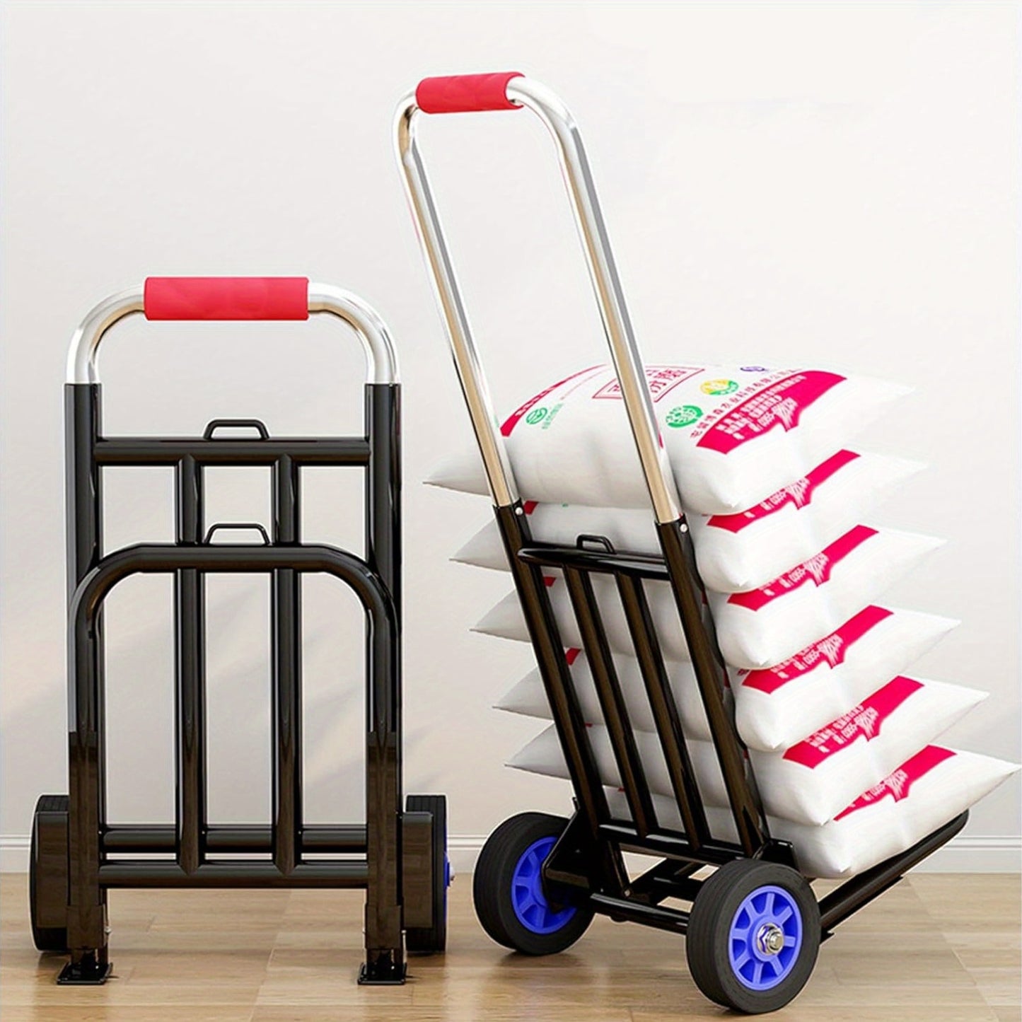 Foldable iron frame cart with rubber wheels, 99.79 KG capacity, ideal for stairs and steady surfaces. Includes 3 ropes for secure loading. Great for luggage travel.