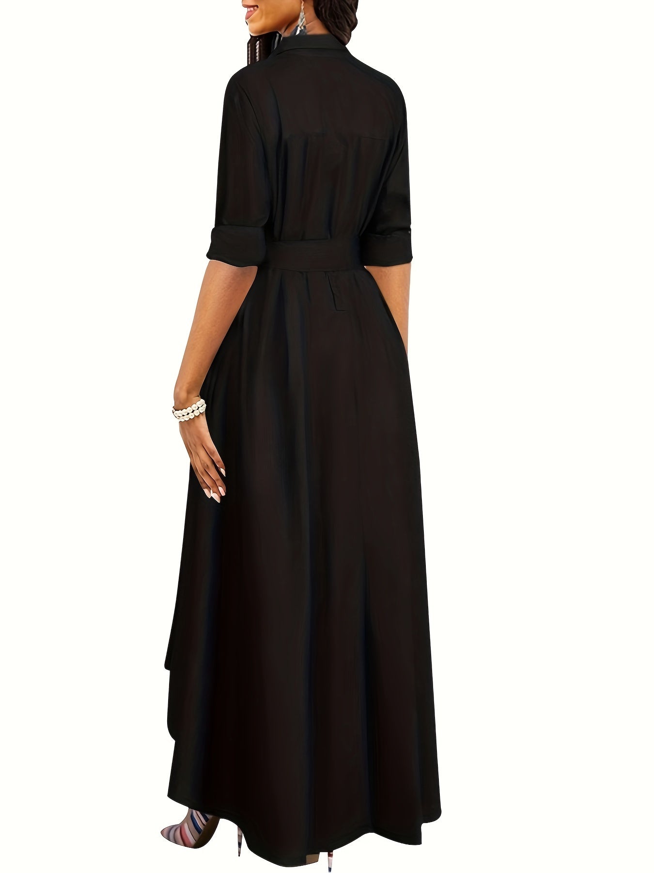 Stylish navy blue midi dress for women, suitable for fall/winter. Features long sleeves, button front, and tie waist. Made from a casual polyester blend.