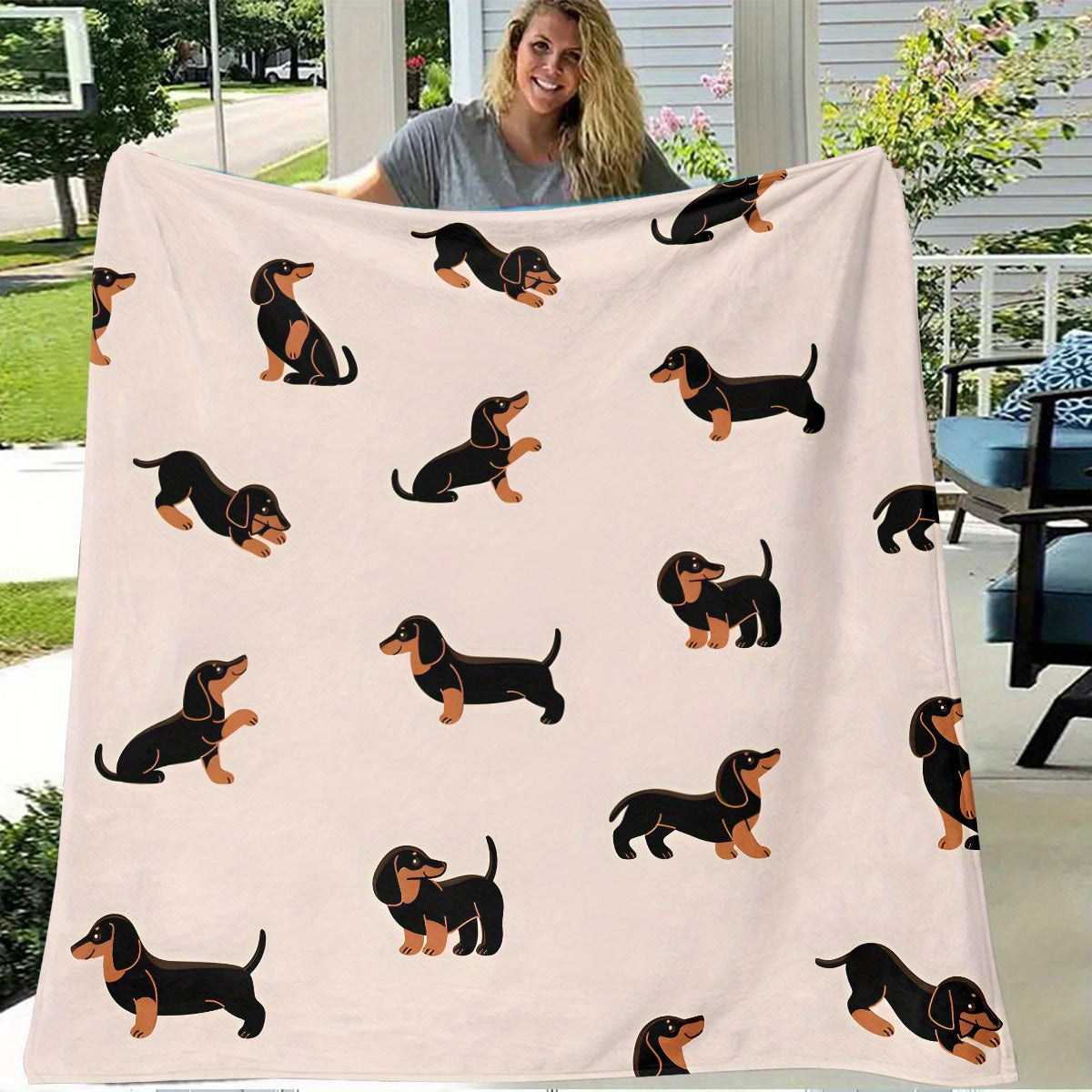 Bohemian Style Dachshund Print Flannel Throw Blanket - Lightweight, Soft and Cozy, All-Season Use, Knitted Polyester Material, Digital Print Design, Quilted Pattern, Hypoallergenic - Hand Wash Only, 250-300gsm