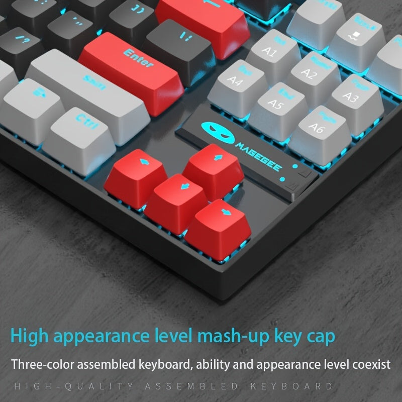 MageGee MK-STAR Mechanical Keyboard: 87-Key Wired Backlit, Ergonomic Design, USB, Black & Blue, No Battery Needed, Keycap Puller Accessory.