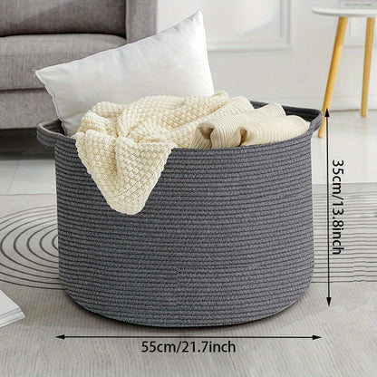 Large storage basket made from woven rope, perfect for blankets in the living room, toys in the children's room, dirty laundry in the laundry room, and bedroom organization.