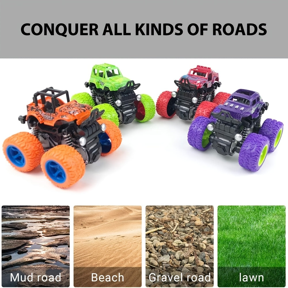 Set of 4 Monster Trucks for Kids 3+ | Friction-Powered, Double-Direction Inertia with 360° Rotation | Durable Pull Back Vehicles - Ideal Birthday Present