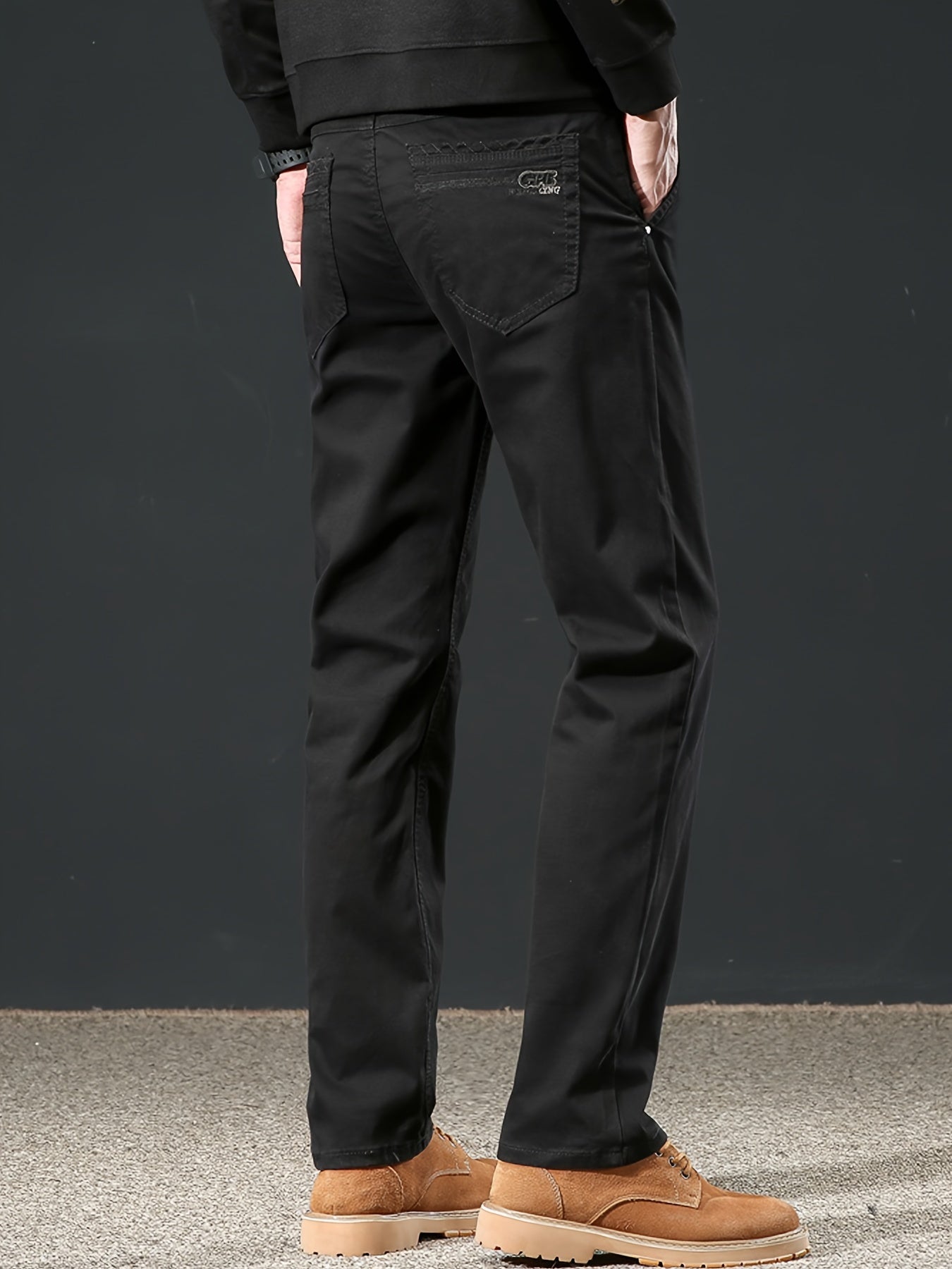 Men's Solid Slim-fit Pants with Pockets, Casual Cotton Blend Trousers for Spring/Fall