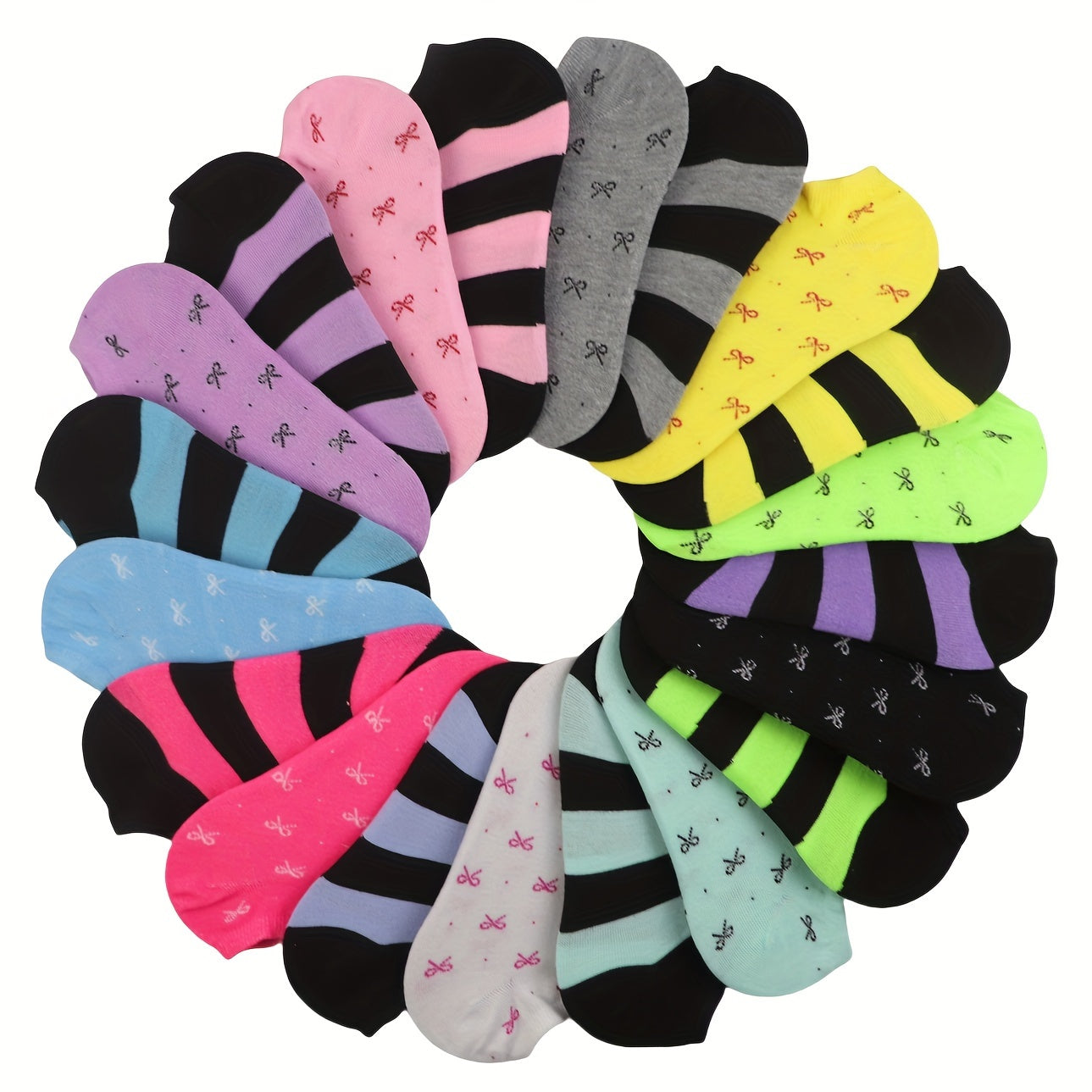 20 pairs of candy-colored, lightweight, and breathable low cut ankle socks for women.