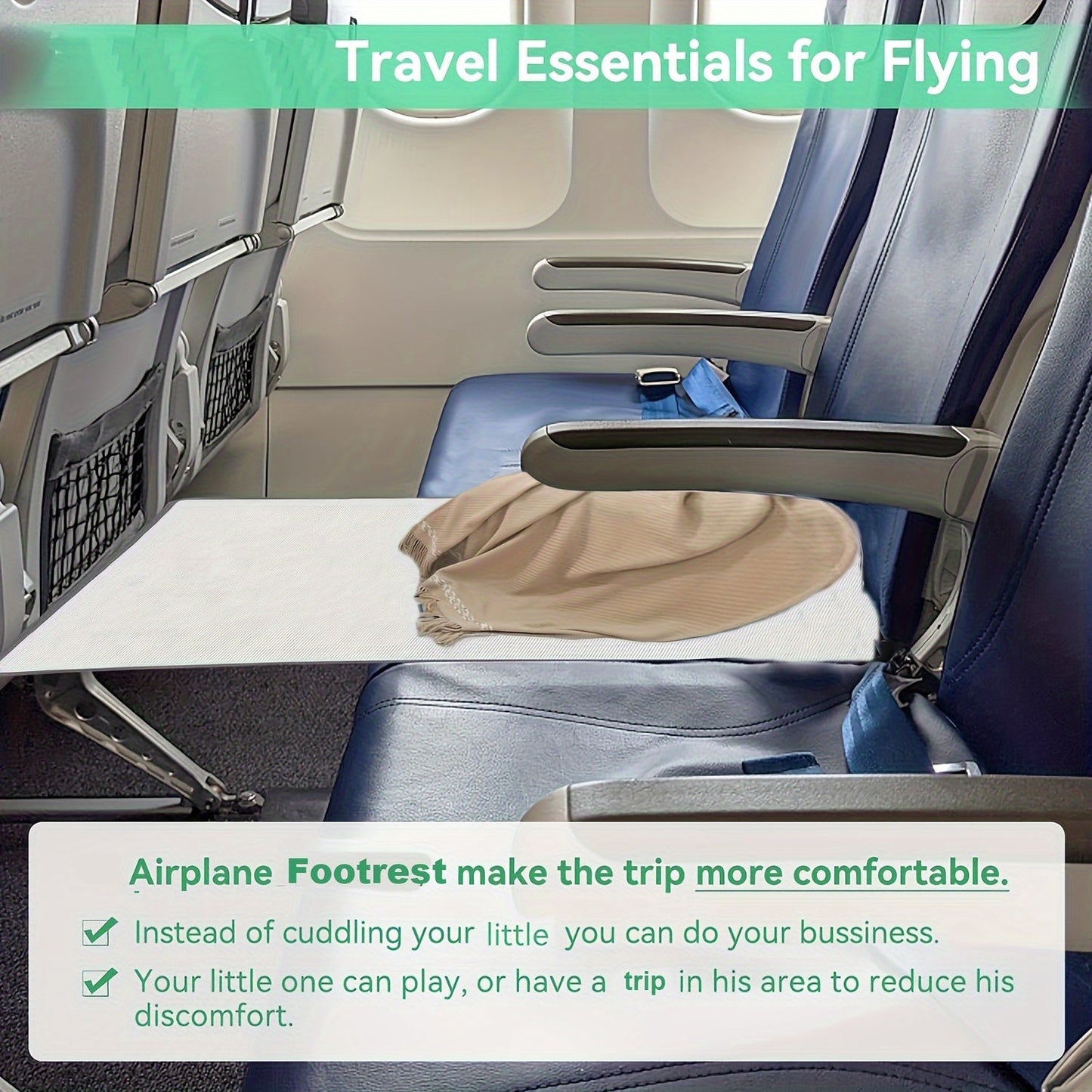 Airplane footrest designed to prevent slipping, perfect for travel. Can also extend airplane seats. Great gift for Halloween, Thanksgiving, or Christmas.