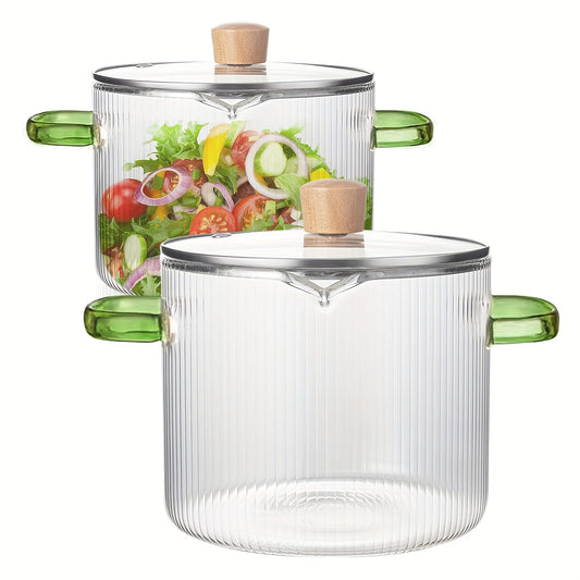 Glass cooking pot set includes two pieces with lids. The transparent glass pot is perfect for cooking various dishes such as noodles, Italian pasta, soup, and milk-based foods. Features a covered stew pot with double handles for easy handling in the