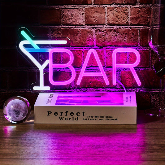 Vibrant Pink LED Neon Sign with Cocktail Glass Illustration - USB Powered, Wall-Mountable for Home Bars, Parties, Weddings & Celebrations