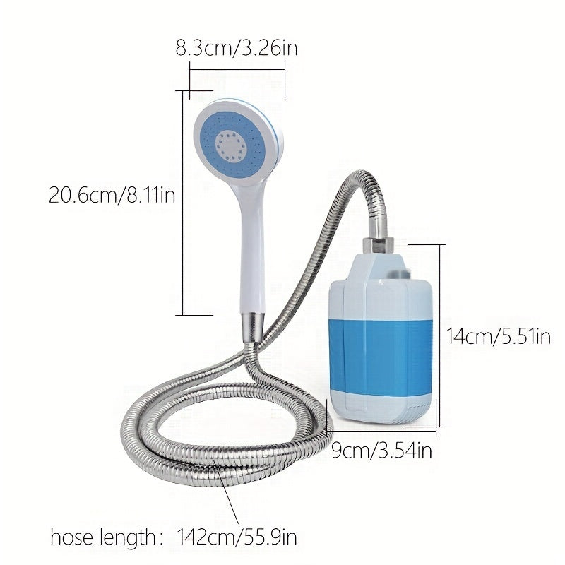 Portable camping shower with USB rechargeable battery, ABS material, ideal for outdoor activities.