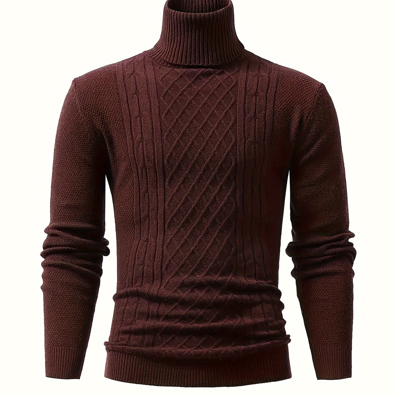 Men's cable knit turtleneck sweater for fall/winter, warm and stretchy pullover with solid color, long sleeves, blend fabric.