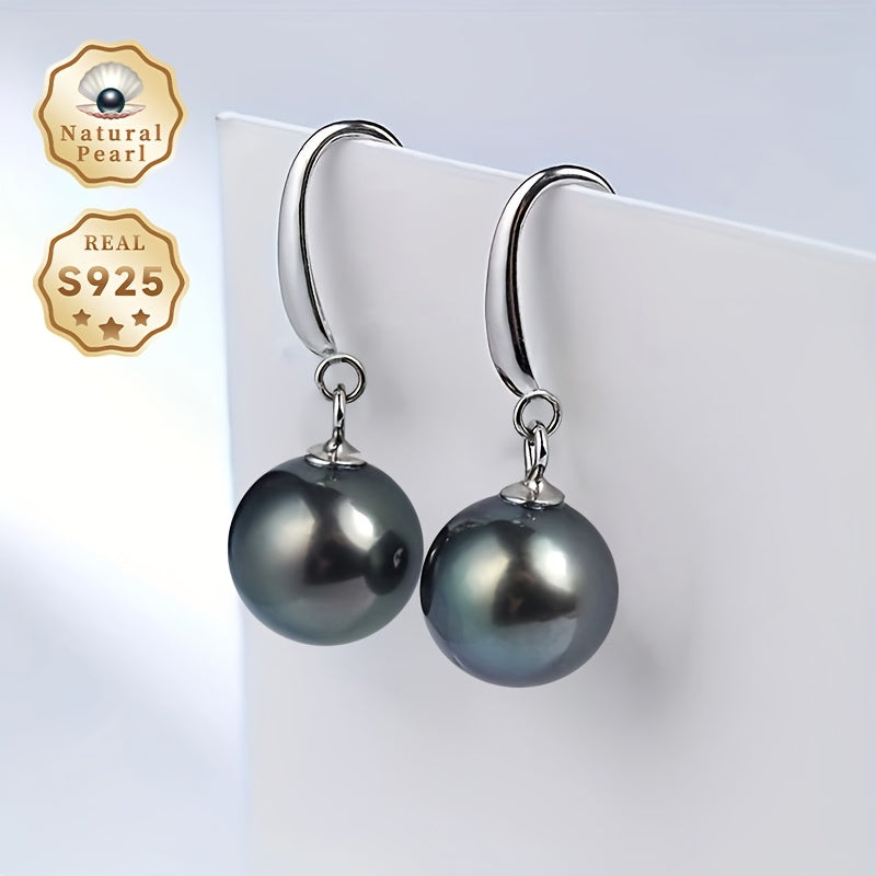 Perfect Gift Idea: Stunning Pair of Pearl Earrings, Stylish Dangling Earrings for Women, Featuring 9-10mm Large Round Tahitian Black Pearls Set in S925 Silver by Meiyu. Includes Gift Box. Please Note: Each Natural Pearl is Unique in Shape and Color, with