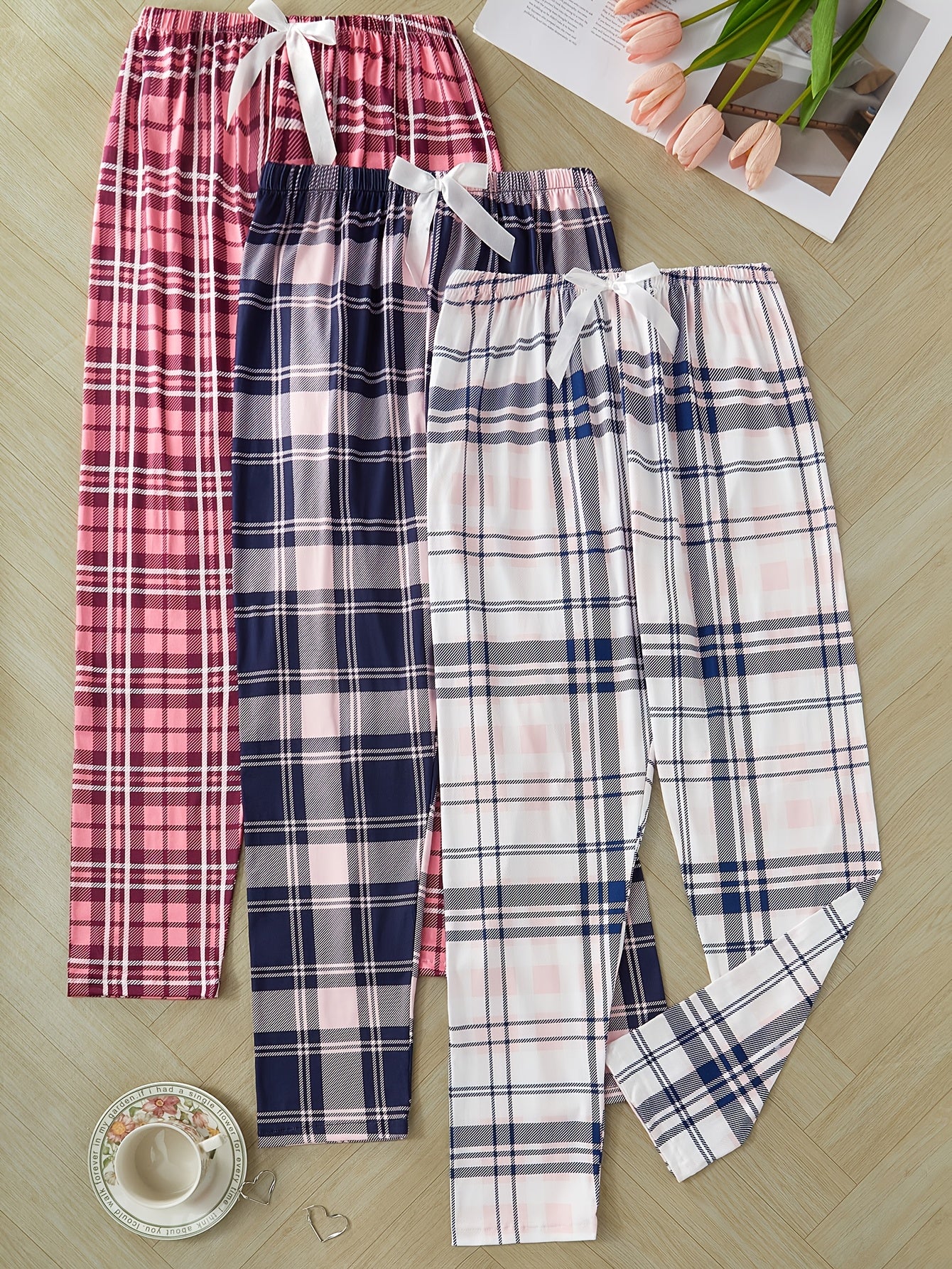 3-Pack Women's Plaid Sleep Pants in Polyester Knit with Bow Detail for All-Season Comfort