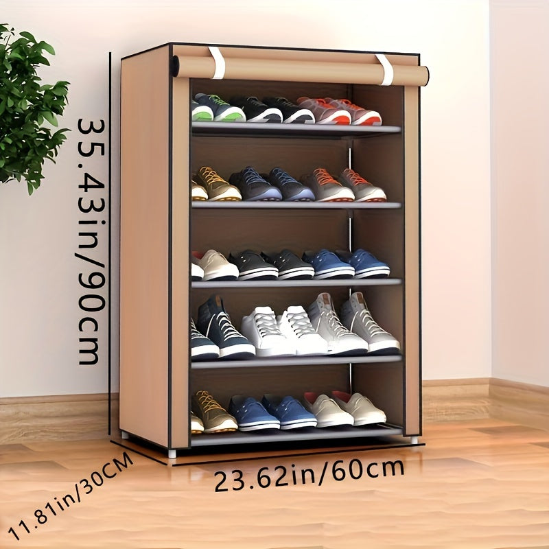 Multi-layer outdoor storage cabinet with zipper, shoe cabinet and rack assembly. This dust-proof, stainless steel shoe cabinet has multiple layers for storage. Simple and efficient shoe storage solution.