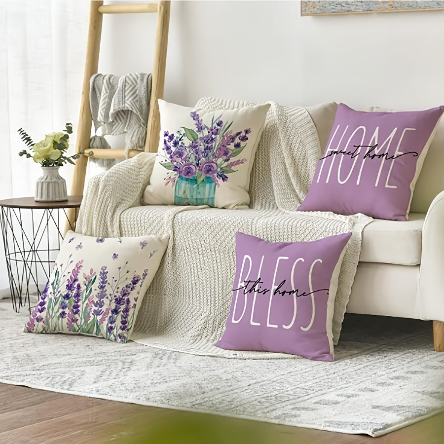 Purple Floral Pillow Cover measuring 44.98cm x 44.98cm. Features include a single-sided print, zip closure, and machine washable design. Ideal for adding a chic touch to your living room sofa or bedroom decor. Perfect for couch pillows.