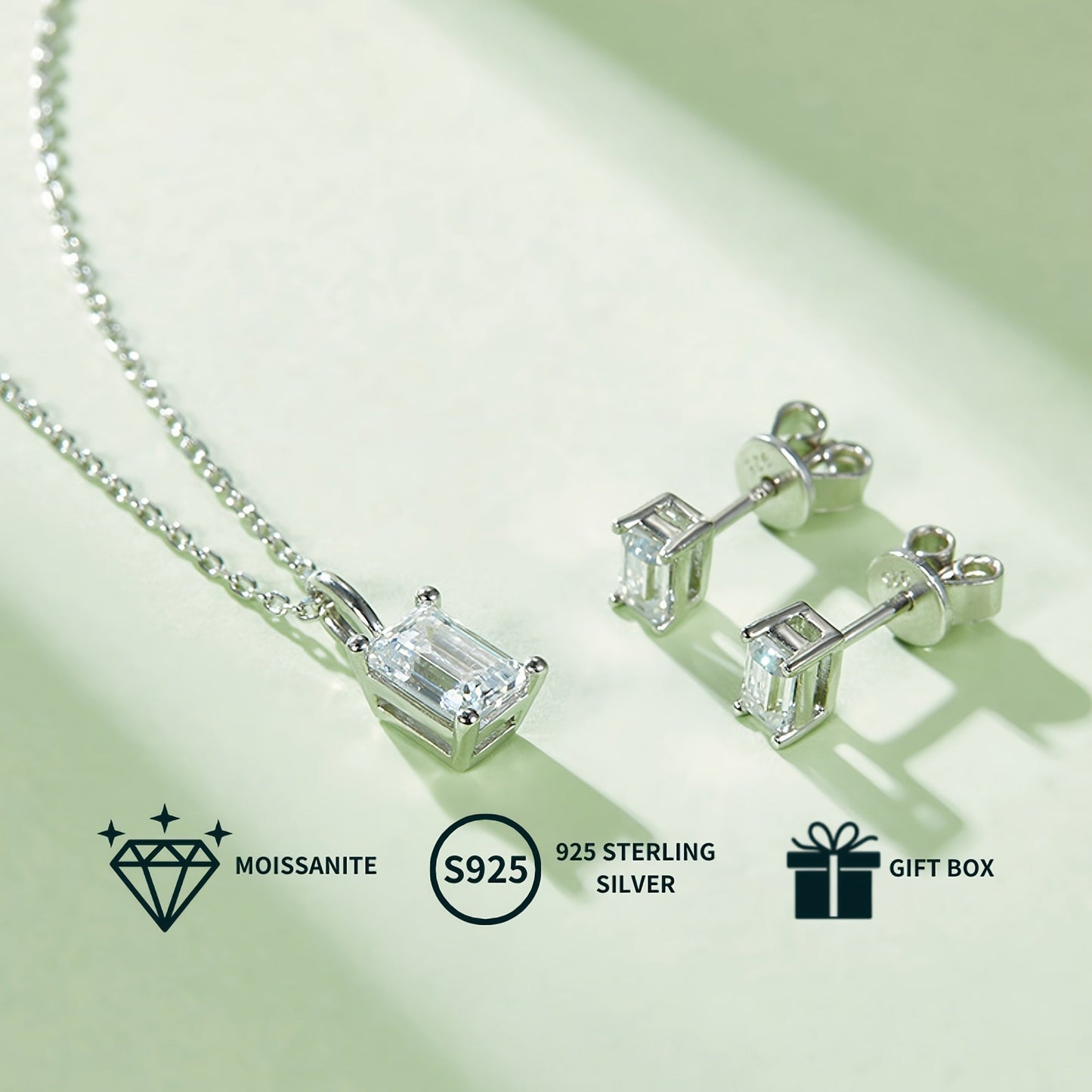 Add a touch of elegance with the PROLIANCE Elegant Moissanite Jewelry Set. This classic set includes a rectangular pendant necklace and stud earrings, both made with 925 sterling silver plating. Choose from 1.0-2.0CT for the pendant and 0.5-1.0CT for the