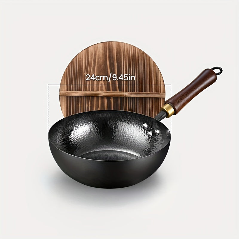 Hand-Forged Traditional Cast Iron Wok with Wooden Lid and Handle - Healthy Coating-Free Cooking - Rivet Reinforcement - 32cm Chef's Pan