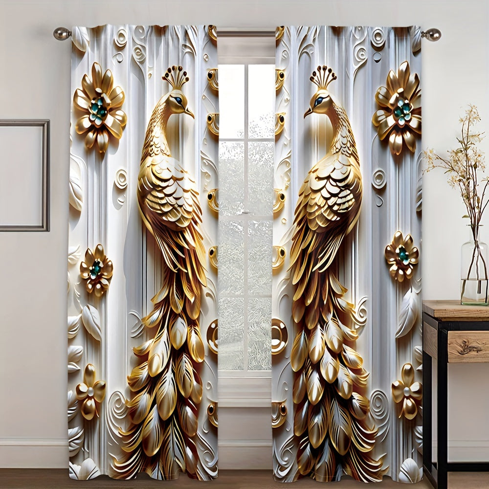 2 Golden Peacock Floral Print Sheer Polyester Curtains with Rod Pocket for various room décor.