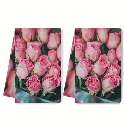 This set includes two ultra-soft kitchen towels with a charming Valentine's Day pink roses design. The towels are highly absorbent and perfect for drying dishes. They also make a great holiday decoration. The towels are machine washable and measure