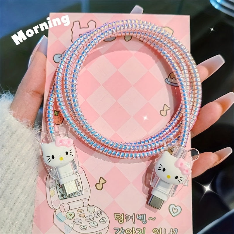 Sanrio Hello Kitty Pink Charger and Cable Protector Set - High-Quality, Battery-Free Design Compatible with Apple 18W/20W Adapters, Includes Sparkling Rhinestone Cable, Clear Charger Case