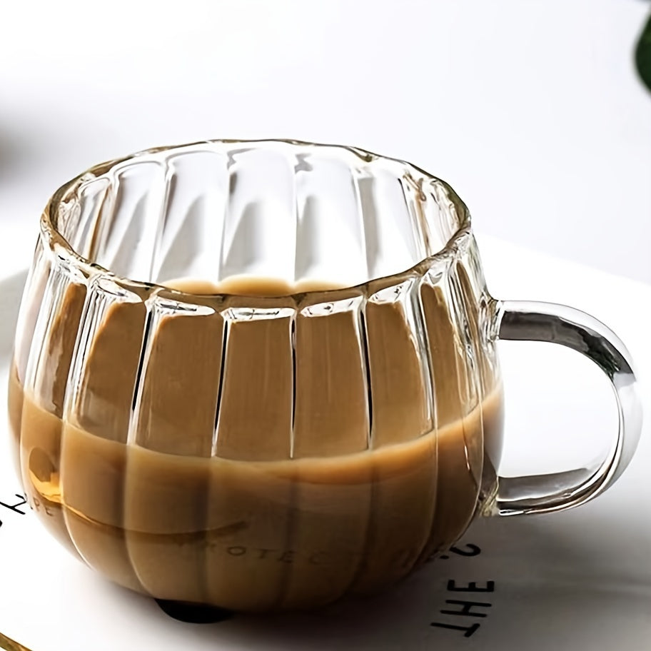 380ml heat-resistant glass coffee cup with handle, clear vertical striped design. Suitable for hot beverages, tea, and milk. Hand wash only. Reusable and recyclable.