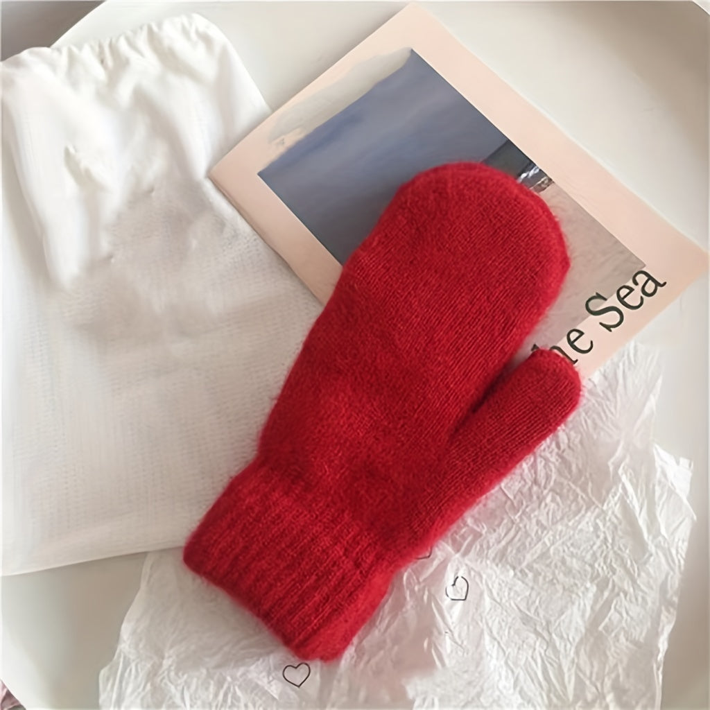 Warm and soft knit mittens with a simple solid color design, elegant and versatile for both autumn and winter. These gloves are lined with plush velvet for added warmth and cold protection, suitable for both men and women.