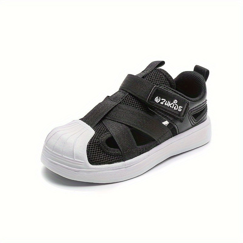 Breathable mesh shoes in blue and white for kids with adjustable strap, non-slip sole, and comfort insole for casual wear and outdoor activities.