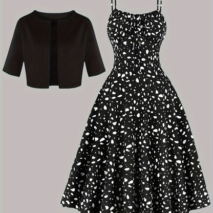 Leopard Print Spaghetti Strap Dress and Blazer Set, 100% Polyester, Fall/Winter Collection