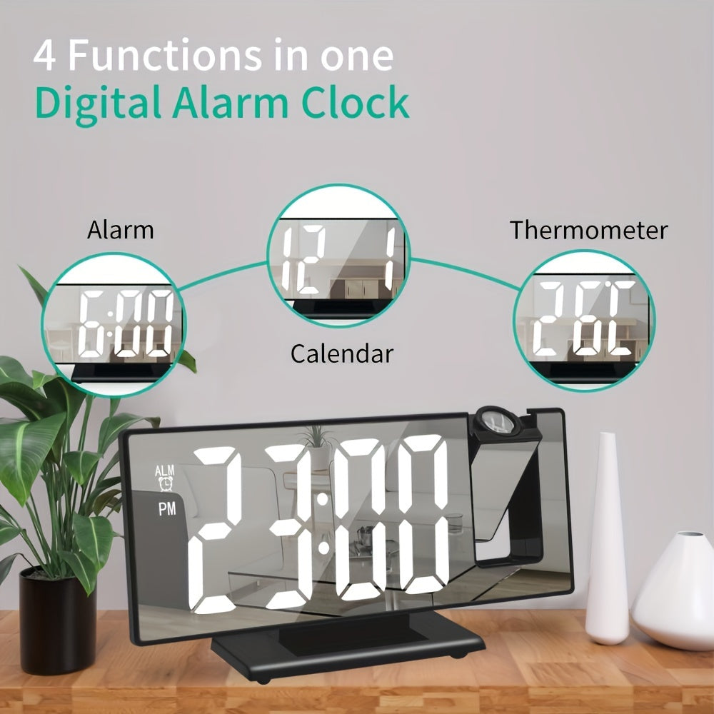 Multifunctional digital alarm clock with mirror projection, temperature display, and calendar function, suitable for home or office décor.