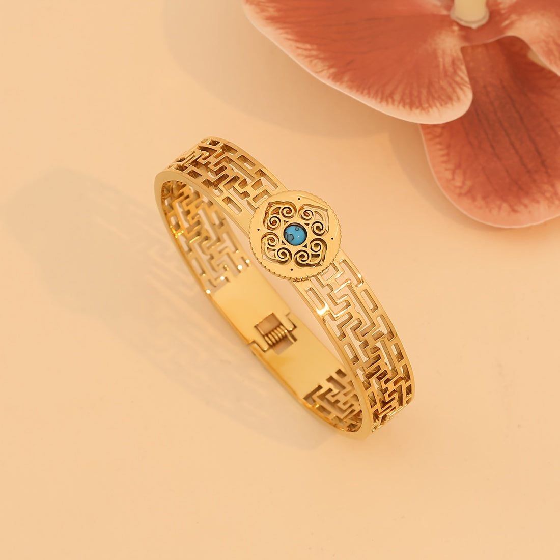 1pc of Vintage Style 18K Golden Plated Stainless Steel Bracelet featuring Turquoise Inlay and Hollow Pattern Design, specially designed for women as a Daily Wear Jewelry piece. This bracelet is the perfect Valentine's Day Gift.