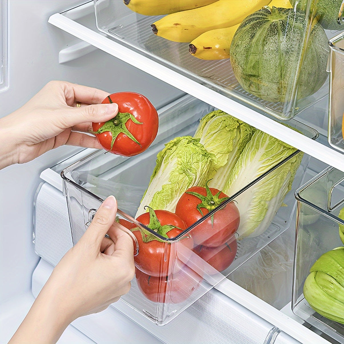 Lachesis Stackable Refrigerator Organizer Bins Set includes 2 large and 2 small bins, made of clear plastic with handles. These bins are versatile and can be used in the fridge, freezer, pantry, cabinets, drawers, or shelves for organizing fruits and