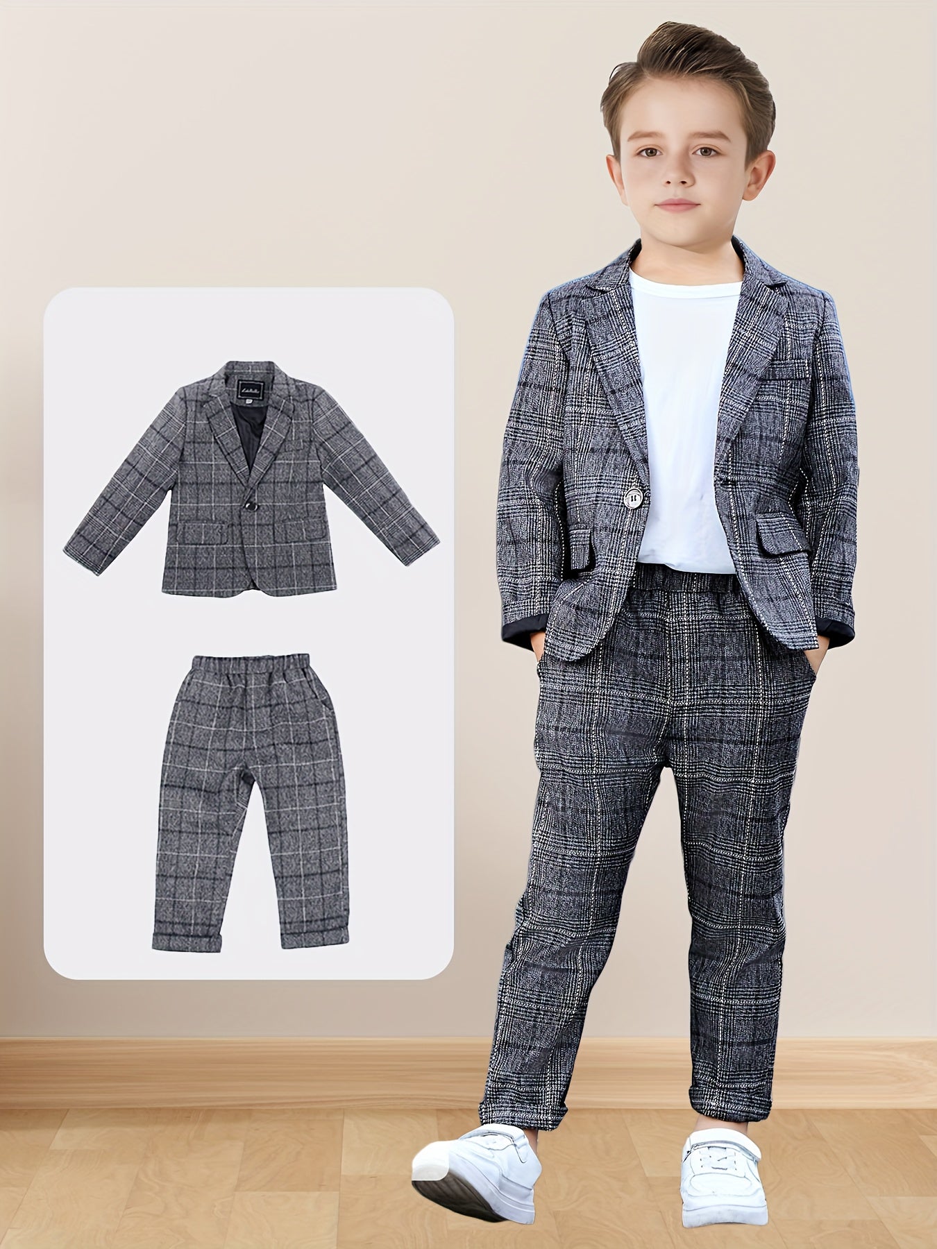 Boys Plaid Suit Set for Spring/Fall occasions, Korean Style, Polyester Blend, Over 3 Years Old.