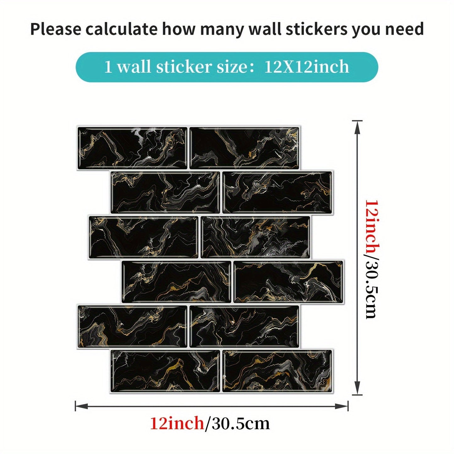 Each set includes 12 pieces of peel and stick black and golden quicksand brick pattern mosaic marble tile stickers. These 30.48 cm x 30.48 cm 3D self-adhesive wall tile stickers are waterproof and moisture-proof PVC stickers perfect for decorating