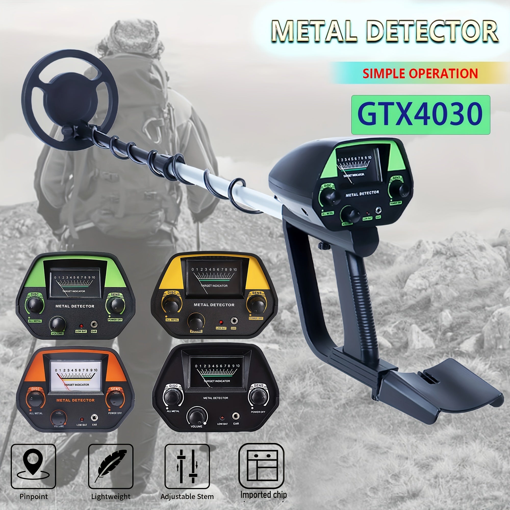 The GTX4030 Underground Metal Detector detects copper and iron coins with high precision. It is portable, easy to operate, and suitable for adults. Batteries are not included.