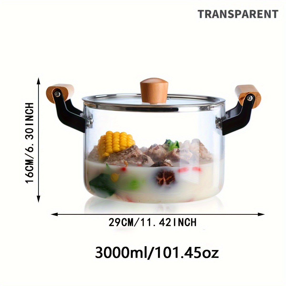 This soup pot with a lid and double wooden handle is perfect for cooking a variety of dishes. Made of safe glass, this household kitchen glass cooker is ideal for making pasta, noodles, soup, juice, and milk. Complete your kitchen supplies with this