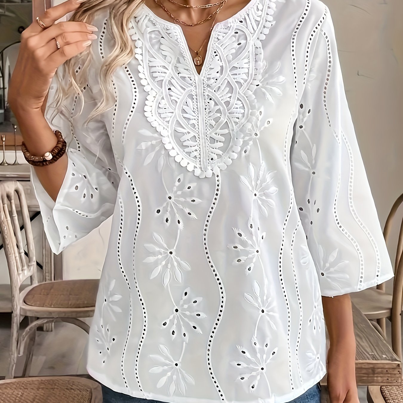 Stylish V-neck top with lace detail, tailored fit, no bra padding, suitable for spring, summer, and fall seasons.