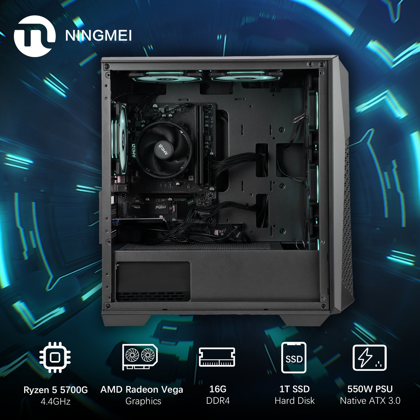 NINGMEI Gaming Desktop Computer with AMD Ryzen 7 5700G, Radeon Vega8, 16GB DDR4 Memory, 1TB SSD, 6 RGB Fans, Win11