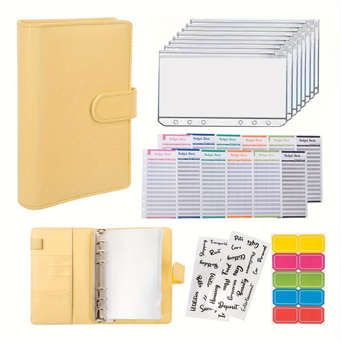 Budget binder with cash envelopes for organizing money in faux leather A6 binder with zipper.