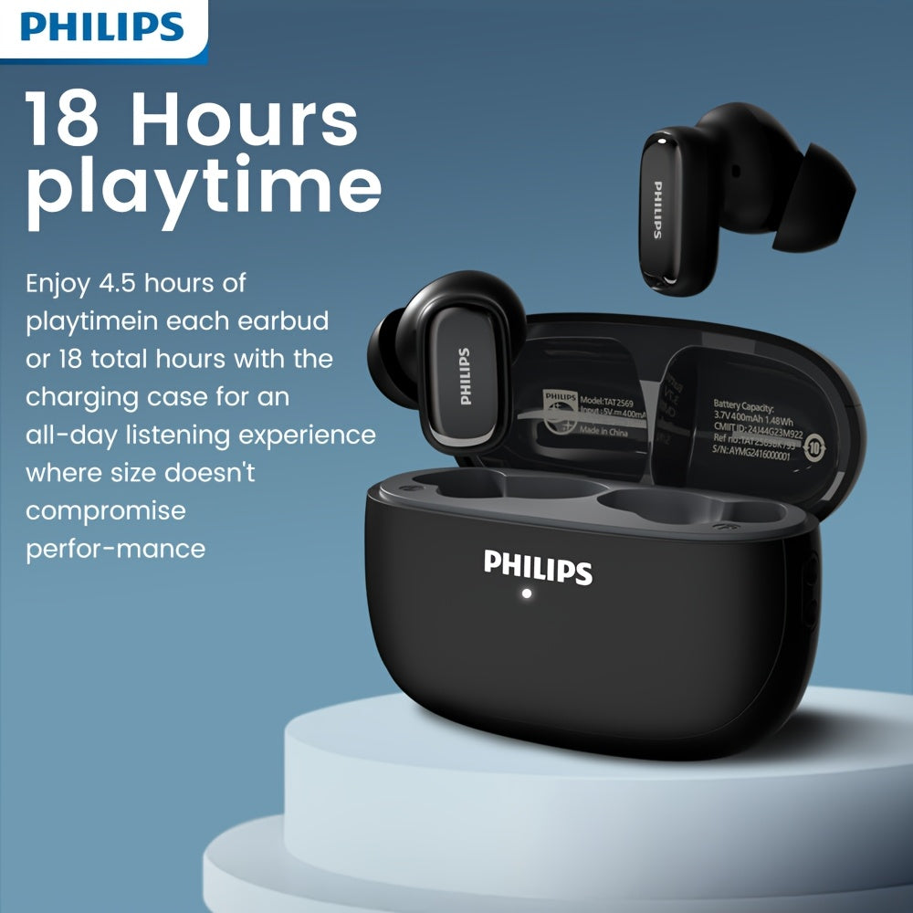 Новые беспроводные наушники Philips TAT2569 с активным шумоподавлением, двойным нажатием для регулировки на левом ухе и двумя HD-микрофонами для звонков. Идеально подходят для спорта.