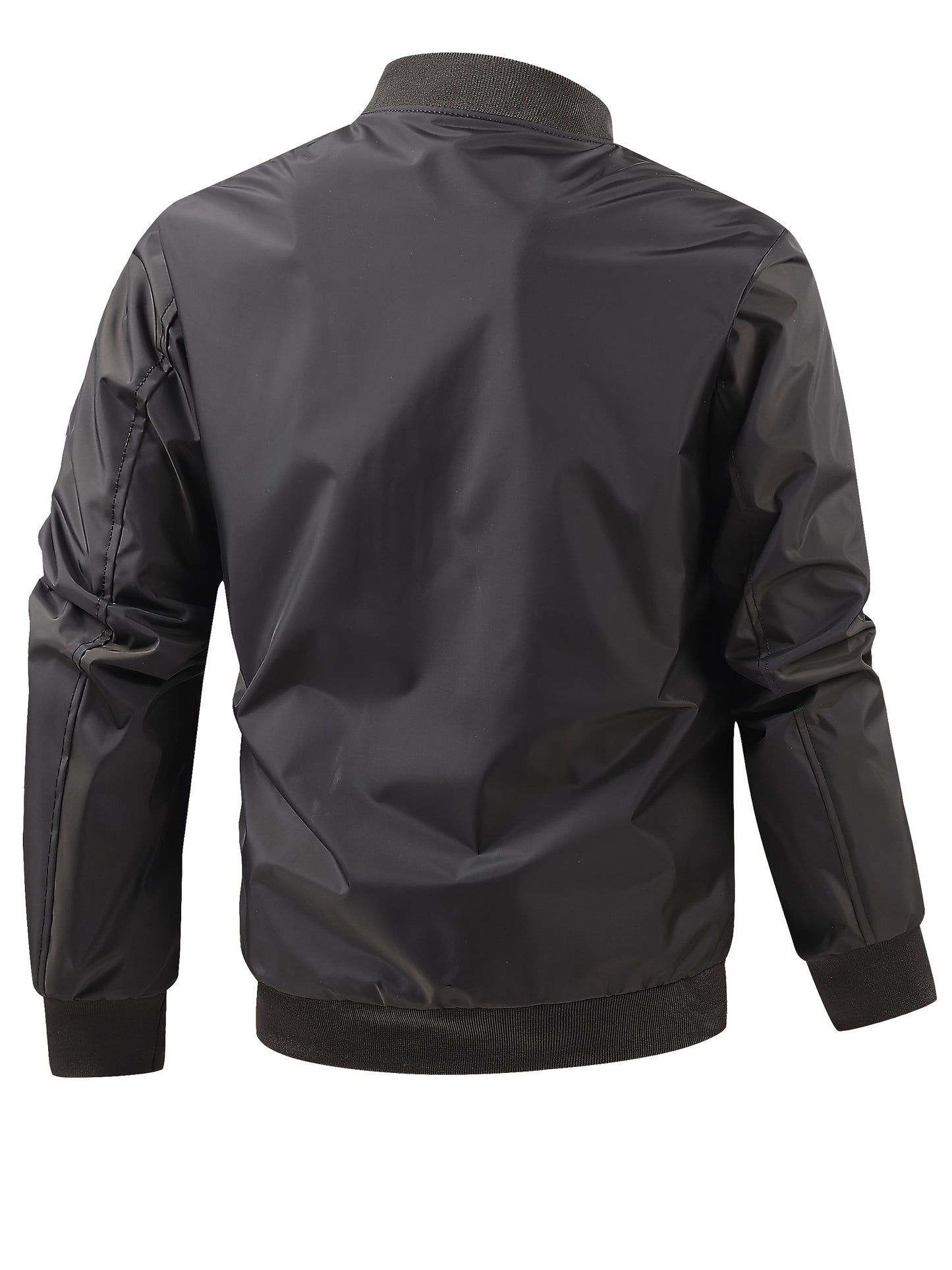 Men's Plus Size Lightweight Black Bomber Jacket with Stand Collar and Zip-Up Closure, Elastic Wrist Detail.