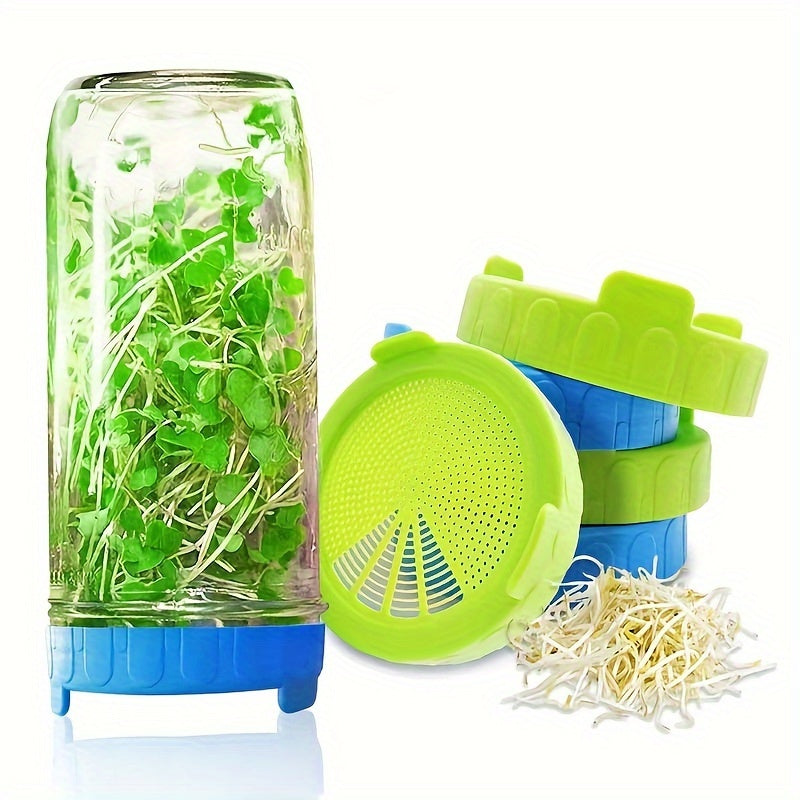 Two plastic sprouting lids designed for 86mm wide mouth mason jars. Includes 2 strainer lids for canning jars. Ideal for growing broccoli seeds, bean sprouts, alfalfa, and salad sprouts.