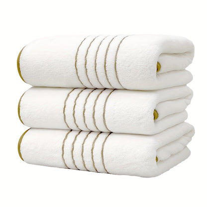 Three MidEnsi Microfiber Bath Towels with Quick-Dry Technology and Super Absorbency. Striped design in White, Blue-Gray, and Black. Ideal for Spa, Yoga, Fitness, and Bathroom. 70 x 140 cm.