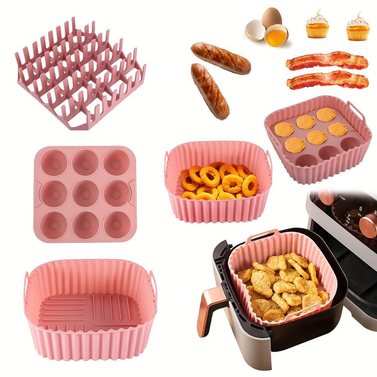 Premium Square Air Fryer Silicone Set includes a bacon & hot dog rack, 9-cavity cake mold, and air fryer pan. This BPA-free and dishwasher safe set is compatible with 7QT+ air fryers.