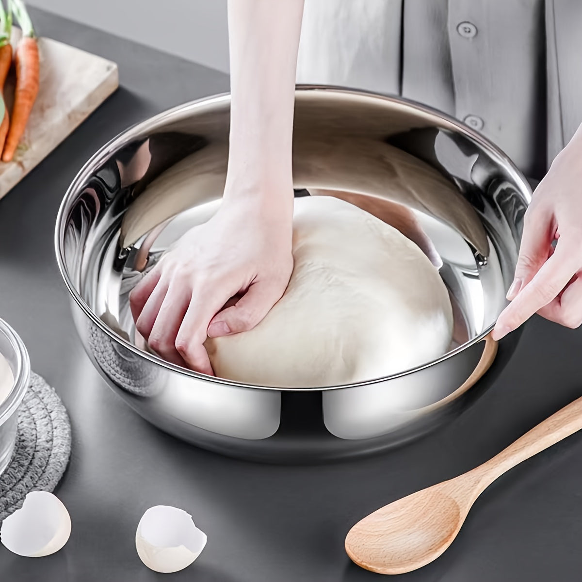 A practical kitchen set with a stainless steel basin, a spacious kneading bowl, a versatile vegetable washing basin, and a soup pot.