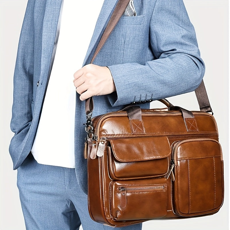 Men's leather business travel briefcase with adjustable shoulder strap, laptop compartment, multiple zippered pockets, in brown top grain cowhide.