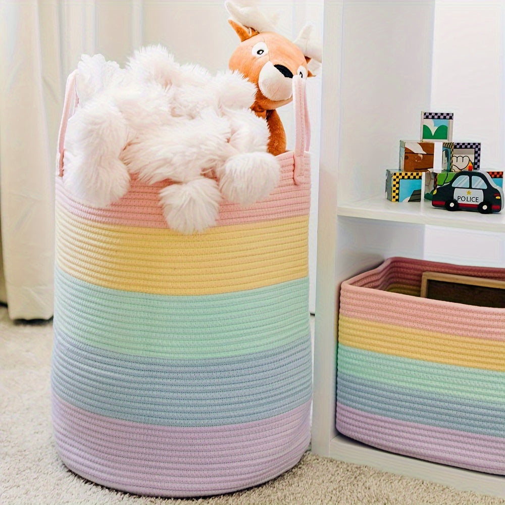 Vibrant rainbow woven basket with handles - 38.1x45.72cm tall for laundry and toys. Ideal for playroom, living room, or youngsters' bedroom. Striped design, durable fabric, easy to carry.