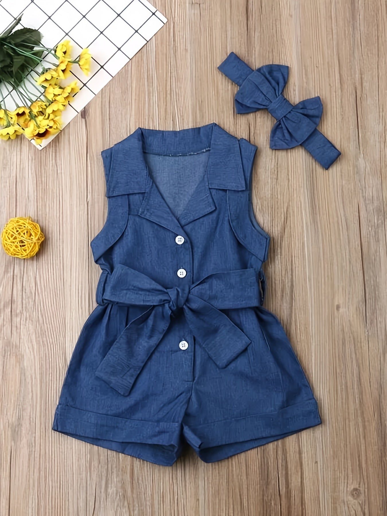 Sleeveless denim romper set with bow headband for kids, perfect for summer.