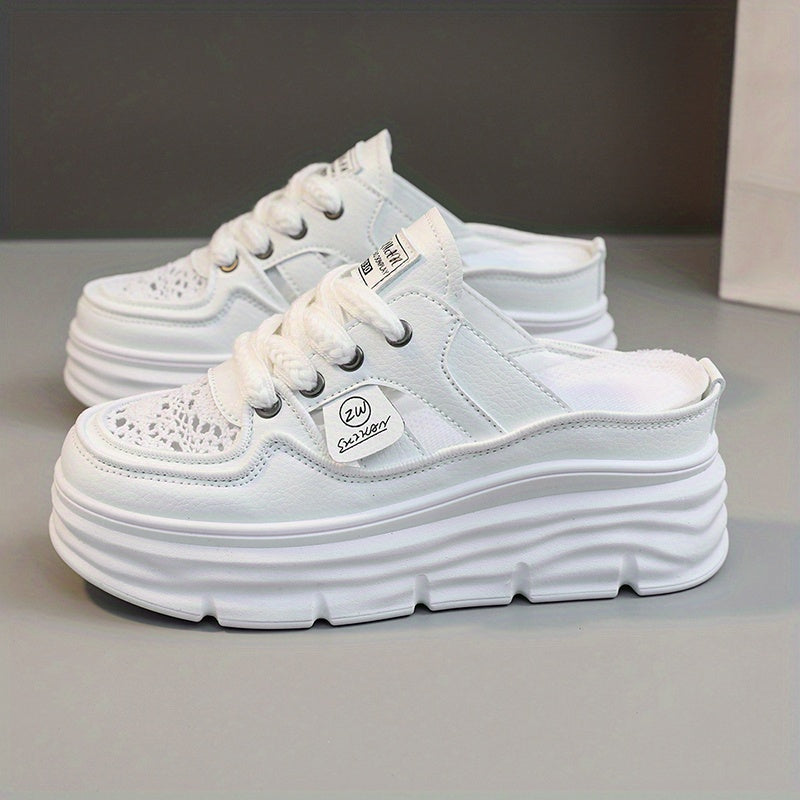 Women's breathable platform mule sneakers with cutout design, lace-up closure, and comfort for summer wear.