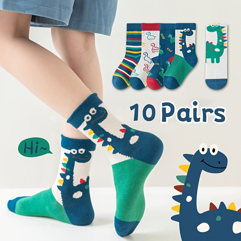 10 pairs of boys' cute dinosaur pattern crew socks, perfect for outdoor activities in the summer.