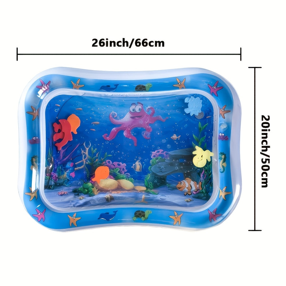 Blue PVC Inflatable Tummy Time Water Play Mat featuring 6 Floating Sea Creatures, Perfect for Sensory Stimulation for Infants 3-12 Months - Great Holiday Gift for Halloween, Thanksgiving, and Christmas